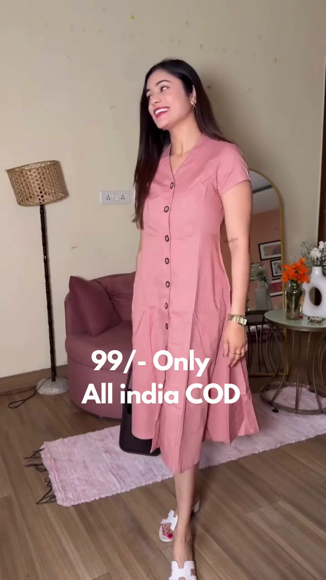 Womens Pink Button-Down Midi Dress