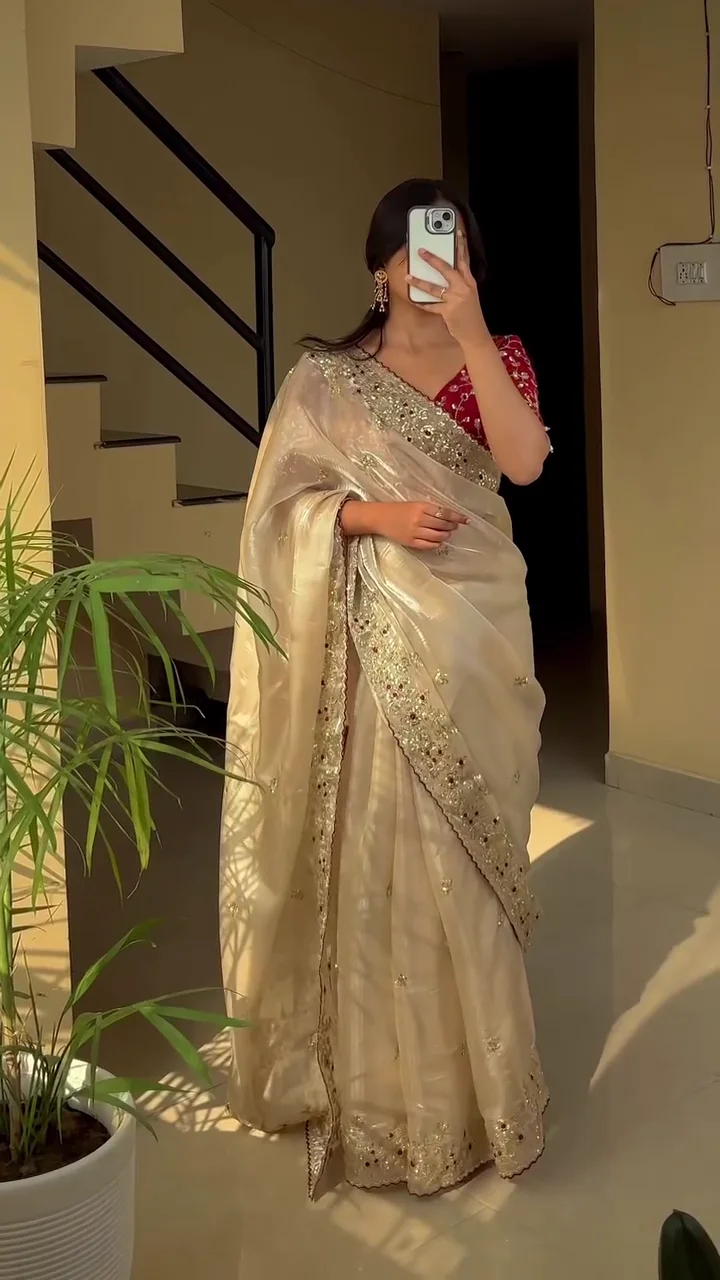 Ivory Embroidered Party Wear Saree