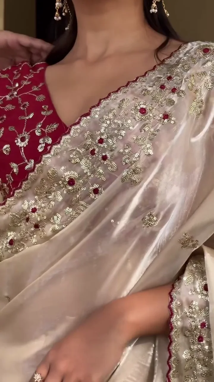 Ivory Embroidered Party Wear Saree