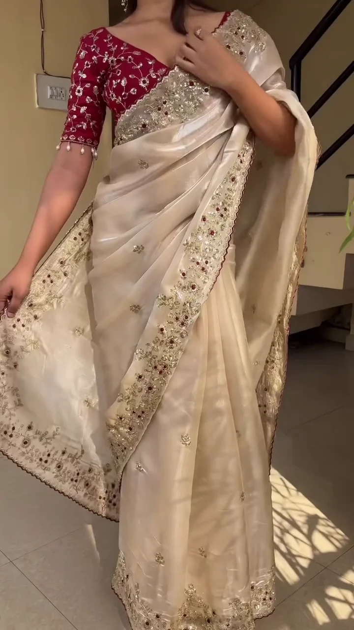 Ivory Embroidered Party Wear Saree