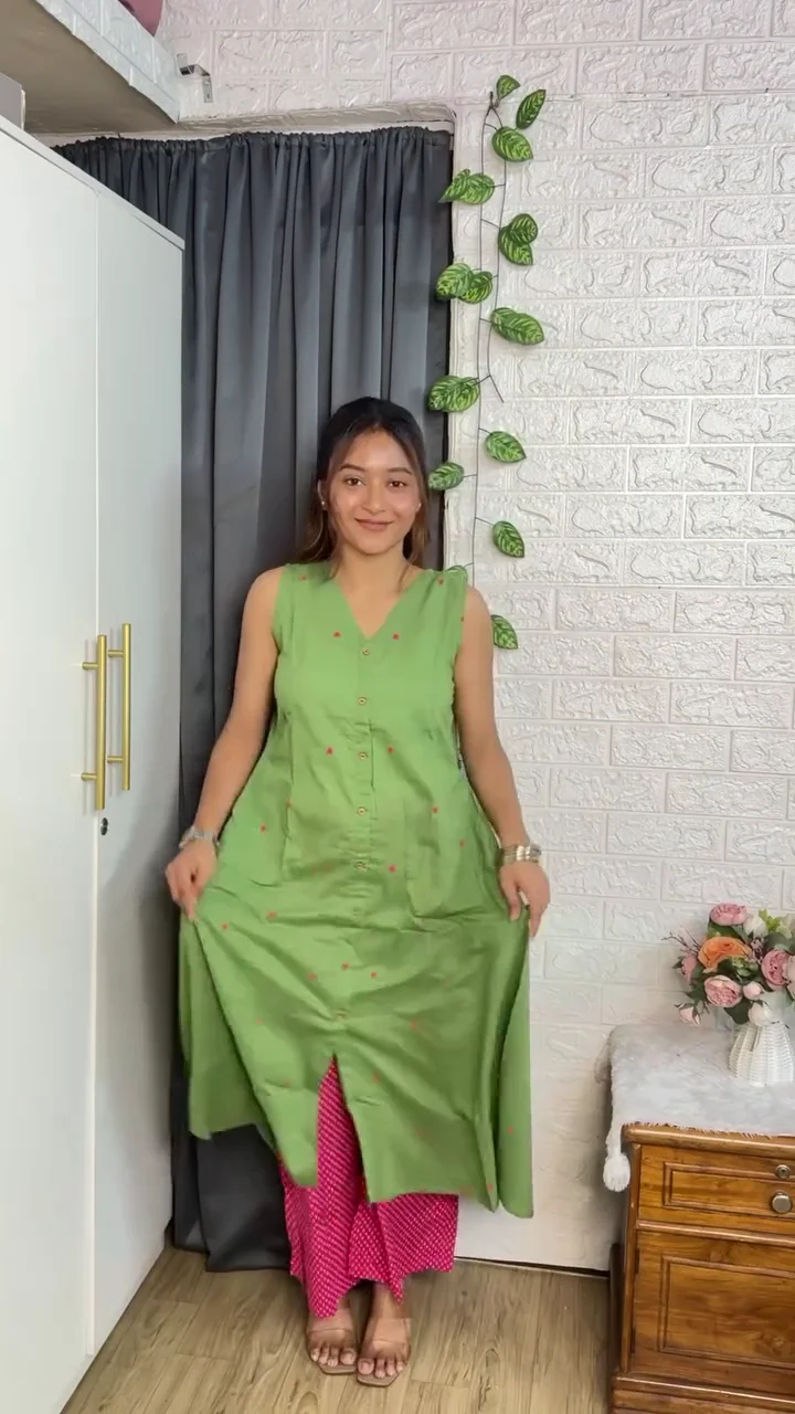 Olive Green Sleeveless Kurta with Pink Palazzo Set