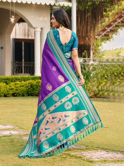 Royal Purple Silk Saree with Contrast Green Border | Elegant Traditional &amp;amp; Festive Wear