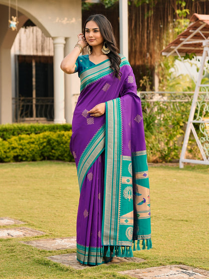Royal Purple Silk Saree with Contrast Green Border | Elegant Traditional &amp;amp; Festive Wear