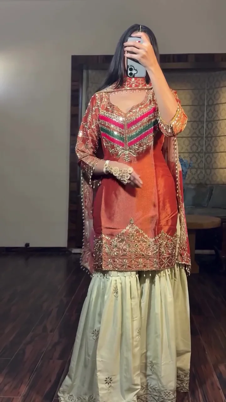 Rust Orange Embroidered  Kurti with Sharara Set – Designer Festive Ethnic Wear for Women
